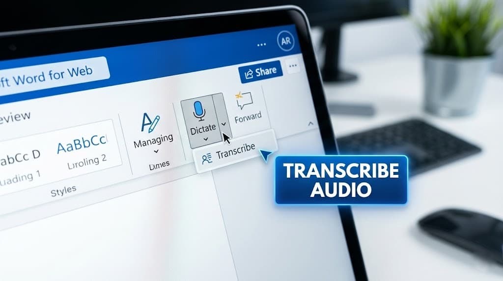 Screenshot of the hidden Transcribe button in Microsoft Word for Web