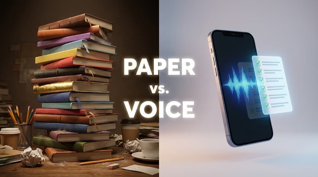 A stack of unused, dusty notebooks contrasted with a smartphone voice app for seamless ADHD planning