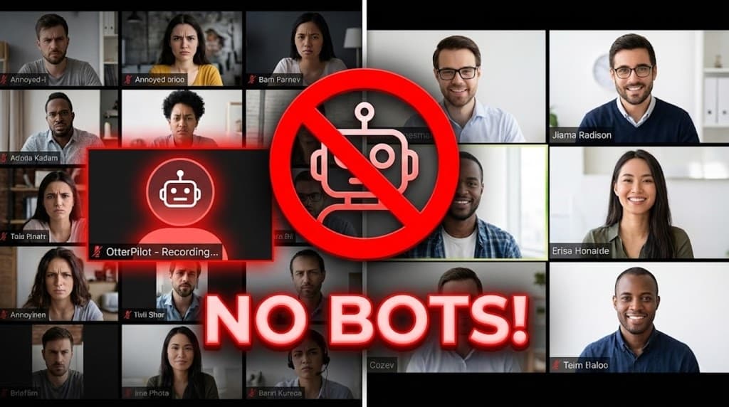 A serene, bot-free meeting room setup versus a cluttered Zoom call disrupted by AI bots