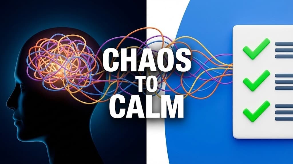 Cluttered brain transforming into organized lists using the brain dump method