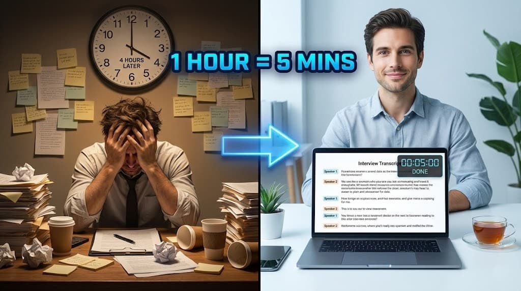 A researcher recording an interview on a smartphone while AI transcribes in the background