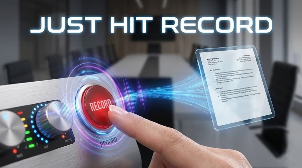 A manager relaxing while AI generates meeting minutes automatically vs a stressed employee typing furiously