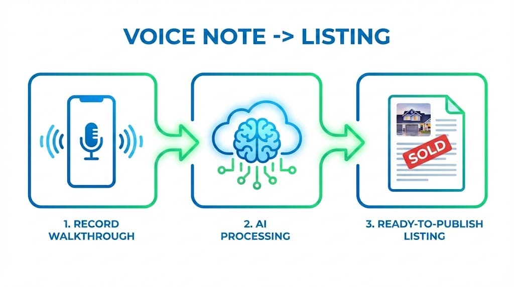 Real estate agent recording a voice note during a property walkthrough on smartphone