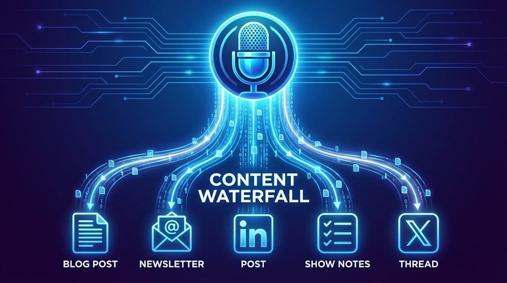 Visual diagram: One central podcast microphone icon branching into optimized assets like a blog post, newsletter, LinkedIn post, X thread, and SEO show notes