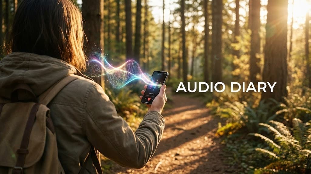 Person holding phone recording a voice journal while walking in nature at sunset